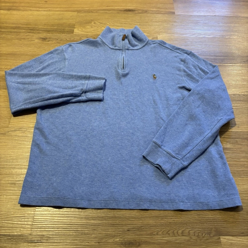 Polo Ralph Lauren Estate Rib Quarter Zip Mens L Blue Pullover Sweater Flesh Pony